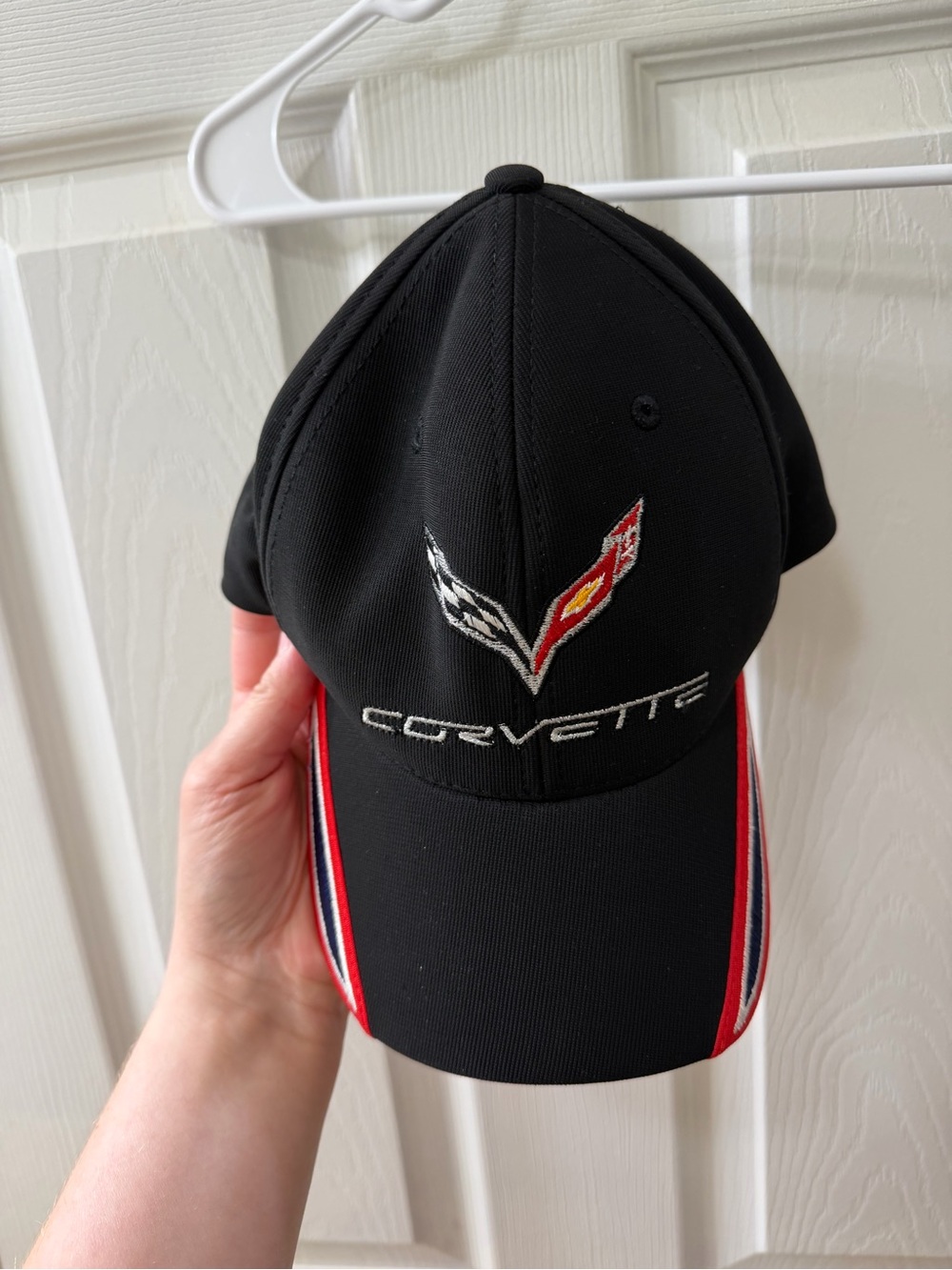 Corvette Embroidered Black Racing Baseball Cap with Red & White Trim